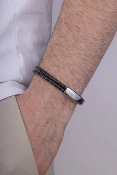 Gümüş Pazarım Örgü Model Çift Geçişli Çelik Aparatlı Erkek Deri Bileklik