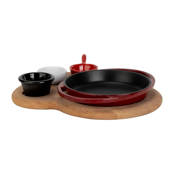 Lava Döküm Yuvarlak Sahan Döküm Demir Yekpare Çift Kulplu Kayın Servis Ahşabı Çap(Ø)16cm. (Sos Kapları Dahil Değildir.)-Bordo - Resim 2