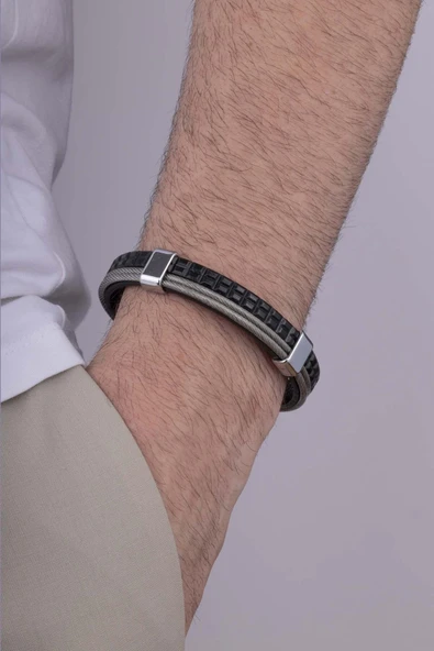 Gümüş Pazarım Gri Silindir Geçişli Baklava Desenli Erkek Deri Bileklik ürün görseli 1