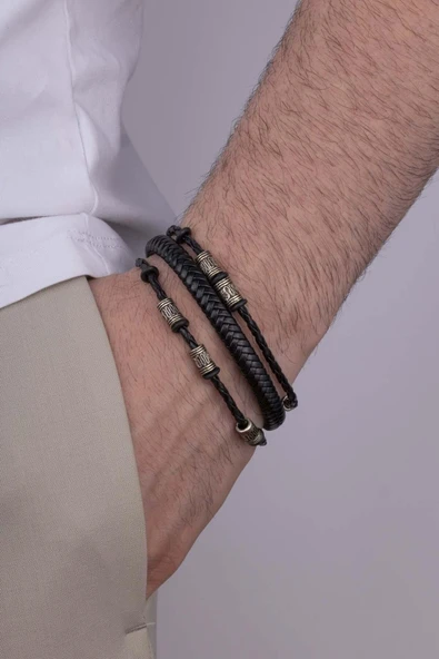Gümüş Pazarım Figürlü Örgü Model Çift Sıra Erkek Deri Bileklik ürün görseli 1