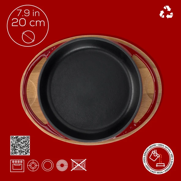 Lava Döküm Yuvarlak Sahan Döküm Demir Yekpare Çift Kulplu Kayın Servis Ahşabı Çap(Ø)20cm.-Bordo - Resim 4