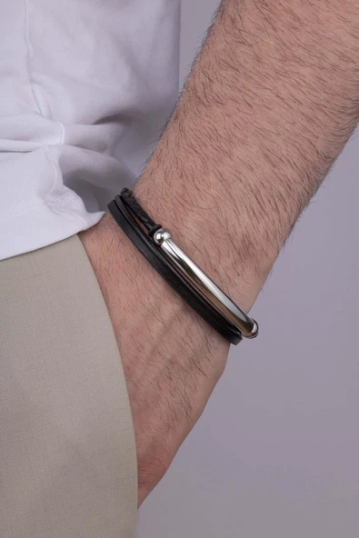 Gümüş Pazarım Çelik Aparatlı 3 Sıra Deri Erkek Bileklik