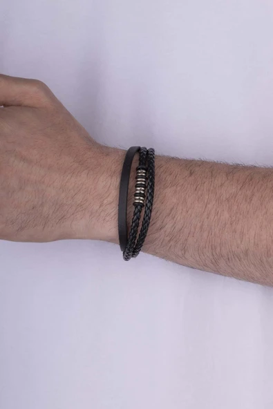 Gümüş Pazarım Figürlü Örgü Model Üç Sıra Erkek Deri Bileklik - 2