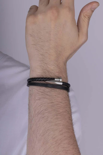 Gümüş Pazarım Çelik Aparatlı İğne Model Erkek Deri Bileklik - Resim 2