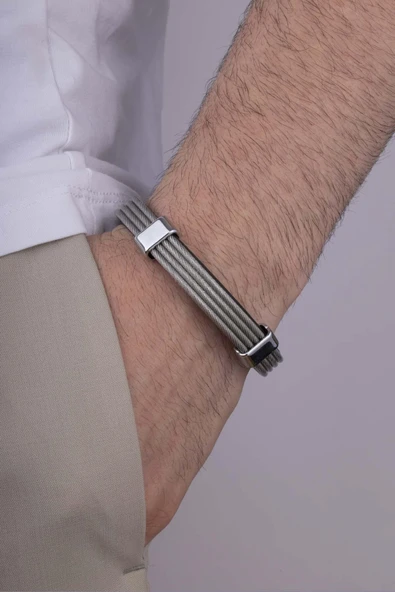 Gümüş Pazarım Şeritli 4 Sıra Örgü Model Erkek Deri Bileklik - 2