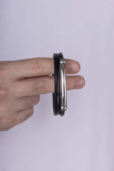 Gümüş Pazarım Çelik Aparatlı 3 Sıra Deri Erkek Bileklik - 3