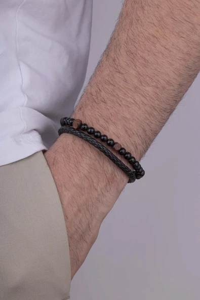Gümüş Pazarım Oniks Taşlı Çift Kordon Örgü Model Erkek Deri Bileklik ürün görseli 1