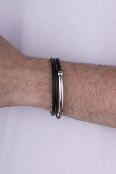 Gümüş Pazarım Çelik Aparatlı 3 Sıra Deri Erkek Bileklik - 2