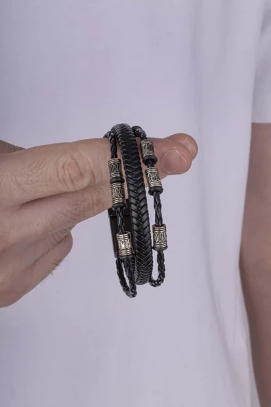 Gümüş Pazarım Figürlü Örgü Model Çift Sıra Erkek Deri Bileklik - Resim 3