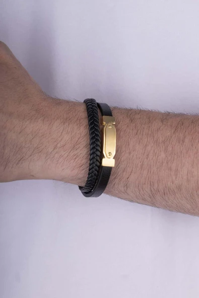 Gümüş Pazarım Altın Kaplama Çelik Aparatlı 2 Parçalı Erkek Deri Bileklik - 2