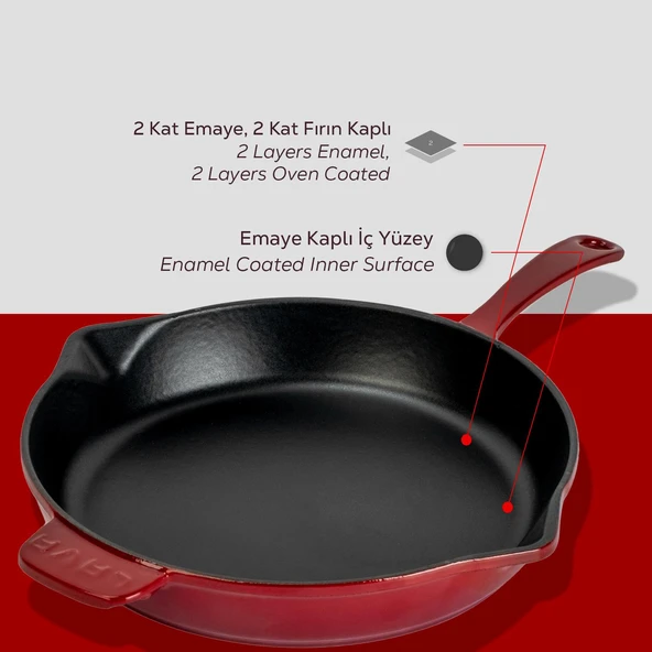 Lava Döküm Yuvarlak Kızartma Tavası Döküm Demir Yekpare Saplı. Çap(Ø)34cm-Bordo - 6