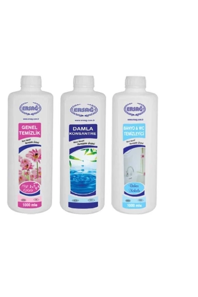 ERSAĞ GENEL TEMİZLİK 1 LT + BANYO VE WC TEMİZLEYİCİ 1 LT + DAMLA KONSANTRE 1000 ML