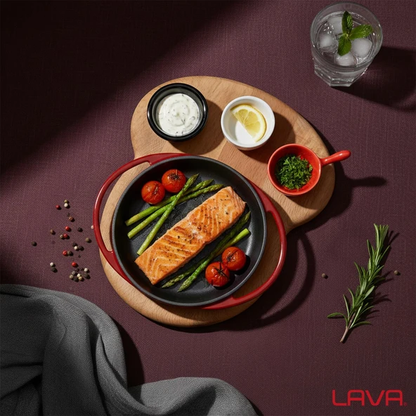 Lava Döküm Yuvarlak Sahan Döküm Demir Yekpare Çift Kulplu Kayın Servis Ahşabı Çap(Ø)16cm. (Sos Kapları Dahil Değildir.)-Bordo - Resim 7