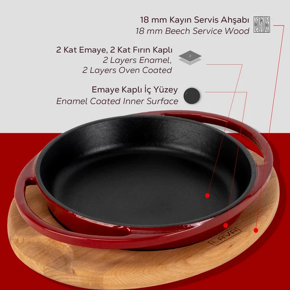 Lava Döküm Yuvarlak Sahan Döküm Demir Yekpare Çift Kulplu Kayın Servis Ahşabı Çap(Ø)20cm.-Bordo - Resim 6