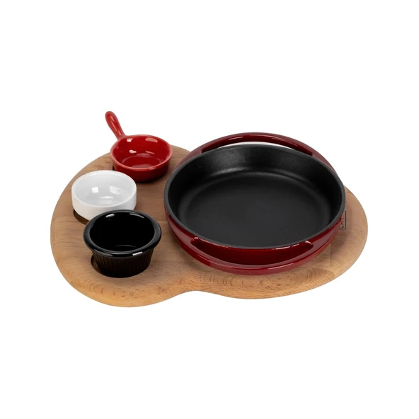 Lava Döküm Yuvarlak Sahan Döküm Demir Yekpare Çift Kulplu Kayın Servis Ahşabı Çap(Ø)16cm. (Sos Kapları Dahil Değildir.)-Bordo ürün görseli 1