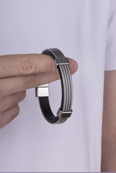 Gümüş Pazarım Şeritli 4 Sıra Örgü Model Erkek Deri Bileklik - 3