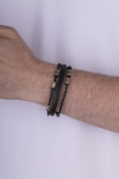 Gümüş Pazarım Figürlü Örgü Model Çift Sıra Erkek Deri Bileklik - Resim 2