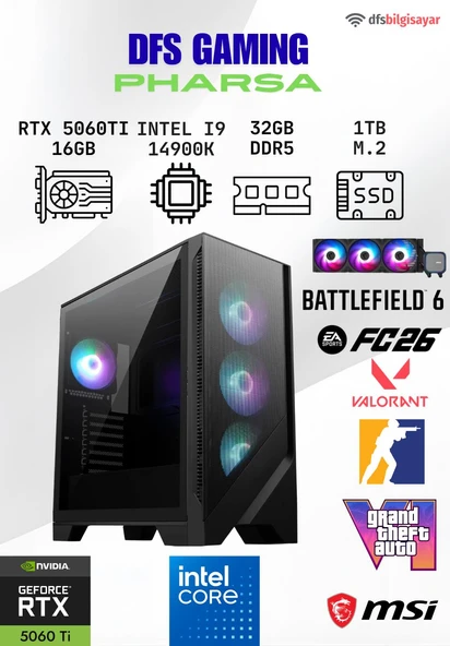 DFS GAMING PHARSA INTEL I9 14900K-B760M WIFI-RTX 5060 TI 16GB-32GB DDR5 RAM-1TB M.2 SSD-OYUNCU BİLGİSAYARI