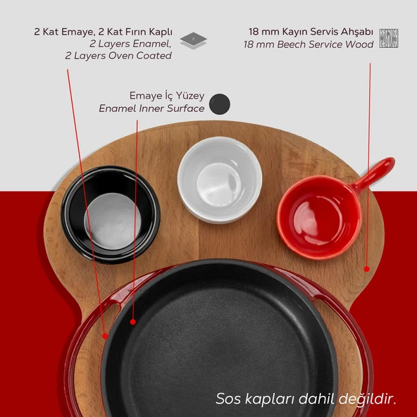 Lava Döküm Yuvarlak Sahan Döküm Demir Yekpare Çift Kulplu Kayın Servis Ahşabı Çap(Ø)16cm. (Sos Kapları Dahil Değildir.)-Bordo - Resim 6