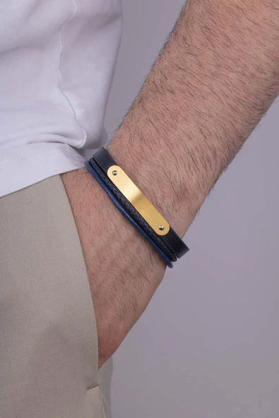 Gümüş Pazarım Altın Kaplama Çelik Aparatlı Lacivert Deri Erkek Bileklik