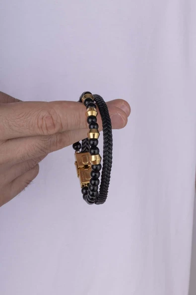 Gümüş Pazarım Çelik Aparatlı Oniks Taşlı Çift Sıra Erkek Deri Bileklik - Resim 3