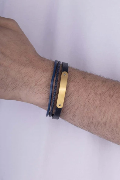 Gümüş Pazarım Altın Kaplama Çelik Aparatlı Lacivert Deri Erkek Bileklik - 2