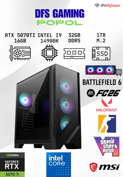 DFS GAMING POPOL INTEL I9 14900K-B760M WIFI-RTX 5070 TI 16GB-32GB DDR5 RAM-1TB M.2 SSD-OYUNCU BİLGİSAYARI ürün görseli