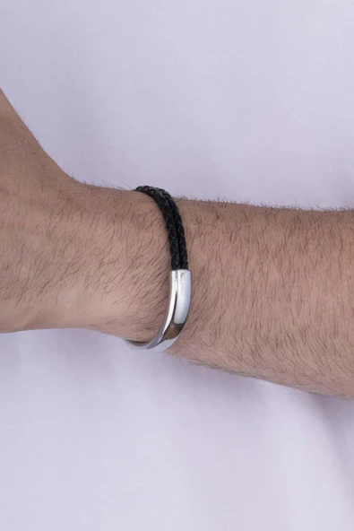 Gümüş Pazarım Örgü Model Çift Geçişli Çelik Aparatlı Erkek Deri Bileklik - 3