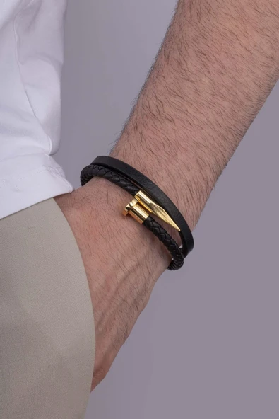 Gümüş Pazarım Altın Kaplama Çelik Aparatlı İğne Model Erkek Deri Bileklik ürün görseli 1