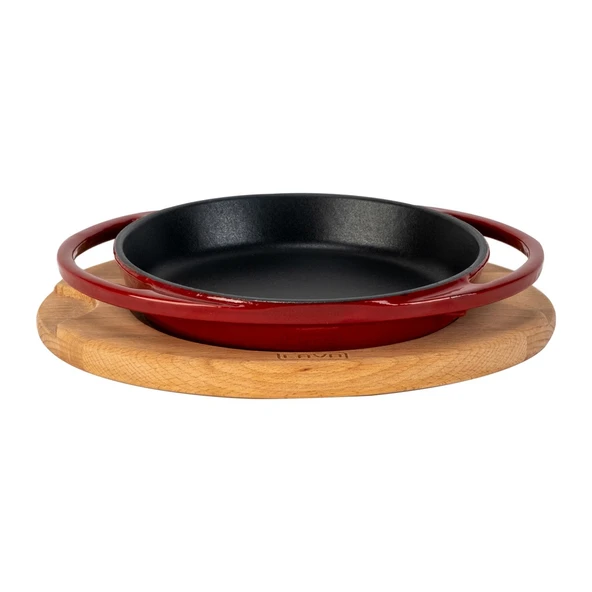 Lava Döküm Yuvarlak Sahan Döküm Demir Yekpare Çift Kulplu Kayın Servis Ahşabı Çap(Ø)20cm.-Bordo ürün görseli
