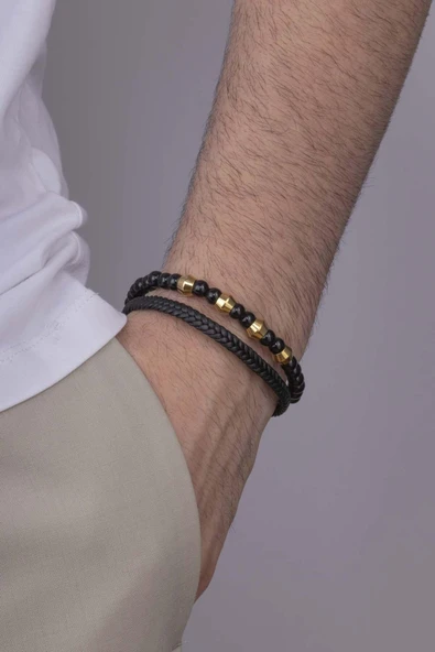 Gümüş Pazarım Çelik Aparatlı Oniks Taşlı Çift Sıra Erkek Deri Bileklik ürün görseli 1