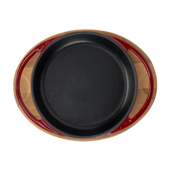 Lava Döküm Yuvarlak Sahan Döküm Demir Yekpare Çift Kulplu Kayın Servis Ahşabı Çap(Ø)20cm.-Bordo - Resim 3