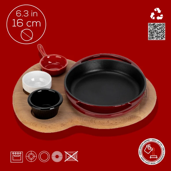 Lava Döküm Yuvarlak Sahan Döküm Demir Yekpare Çift Kulplu Kayın Servis Ahşabı Çap(Ø)16cm. (Sos Kapları Dahil Değildir.)-Bordo - Resim 4