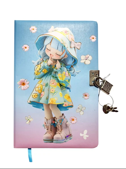 Sevimli Kız Hatıra Defteri (Günlük) Kilitli Defter 80 yaprak - Mavi Saçlı Kız ürün görseli