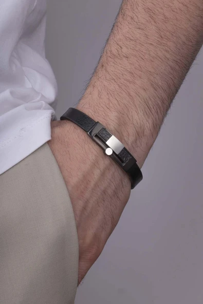 Gümüş Pazarım Çelik Aparatlı Çift Renk Klasik Model Erkek Deri Bileklik ürün görseli 1