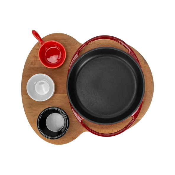 Lava Döküm Yuvarlak Sahan Döküm Demir Yekpare Çift Kulplu Kayın Servis Ahşabı Çap(Ø)16cm. (Sos Kapları Dahil Değildir.)-Bordo - Resim 3