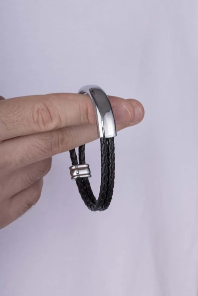 Gümüş Pazarım Örgü Model Çift Geçişli Çelik Aparatlı Erkek Deri Bileklik - 2