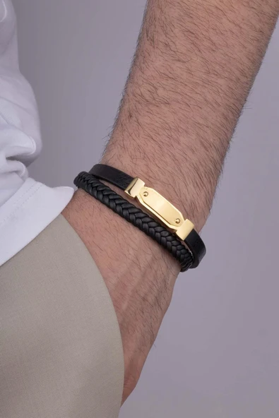 Gümüş Pazarım Altın Kaplama Çelik Aparatlı 2 Parçalı Erkek Deri Bileklik