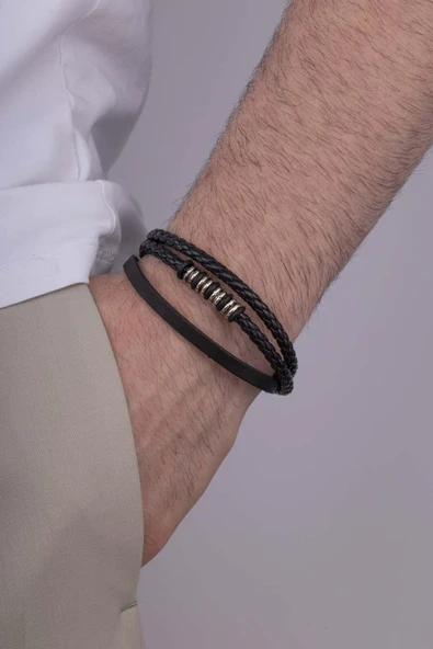 Gümüş Pazarım Figürlü Örgü Model Üç Sıra Erkek Deri Bileklik - 3