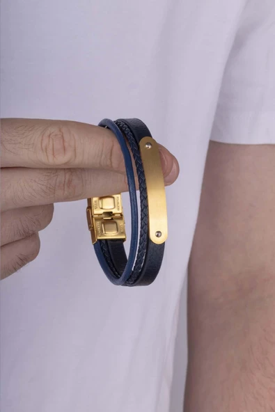 Gümüş Pazarım Altın Kaplama Çelik Aparatlı Lacivert Deri Erkek Bileklik - 3