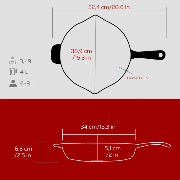 Lava Döküm Yuvarlak Kızartma Tavası Döküm Demir Yekpare Saplı. Çap(Ø)34cm-Bordo - 5