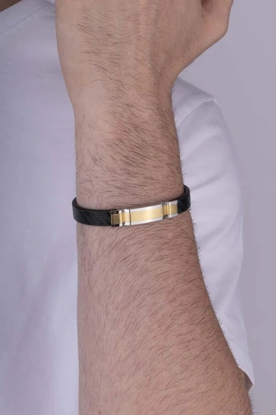 Gümüş Pazarım Çelik Aparatlı Çift Renk Erkek Deri Bileklik - Resim 2