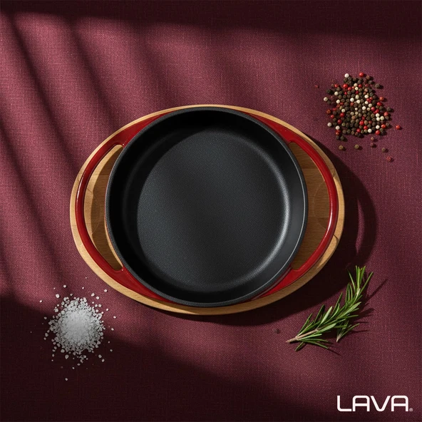 Lava Döküm Yuvarlak Sahan Döküm Demir Yekpare Çift Kulplu Kayın Servis Ahşabı Çap(Ø)20cm.-Bordo - Resim 7