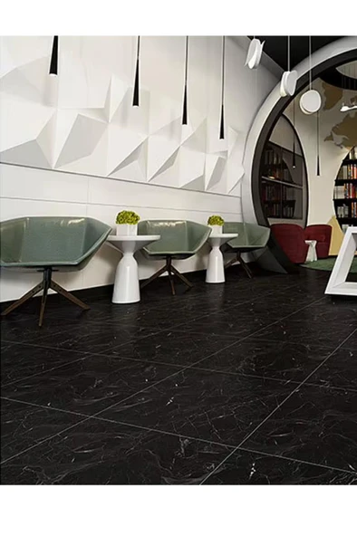 60cmx60cm Siyah Mermer Desenli Pvc-Lvt Yapışkanlı Yer Kaplama Paneli Kauçuklu Floor Banyo WC S74P - Resim 4