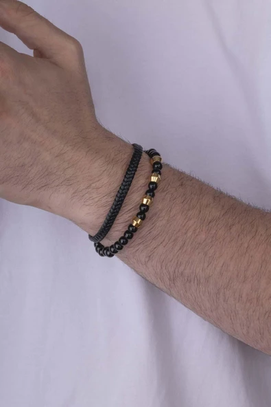 Gümüş Pazarım Çelik Aparatlı Oniks Taşlı Çift Sıra Erkek Deri Bileklik - Resim 2