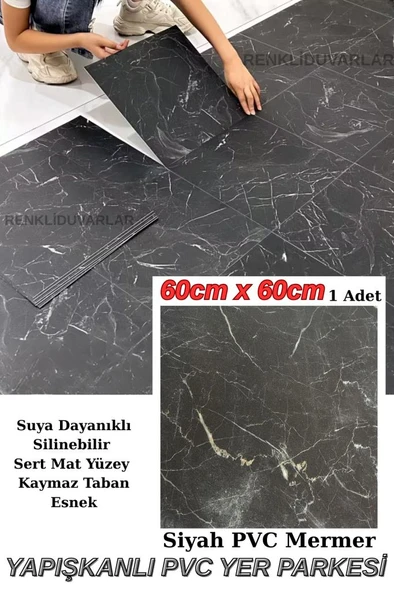 60cmx60cm Siyah Mermer Desenli Pvc-Lvt Yapışkanlı Yer Kaplama Paneli Kauçuklu Floor Banyo WC S74P ürün görseli