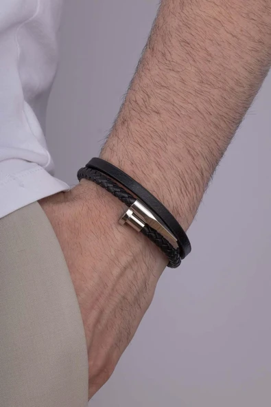 Gümüş Pazarım Çelik Aparatlı İğne Model Erkek Deri Bileklik ürün görseli 1