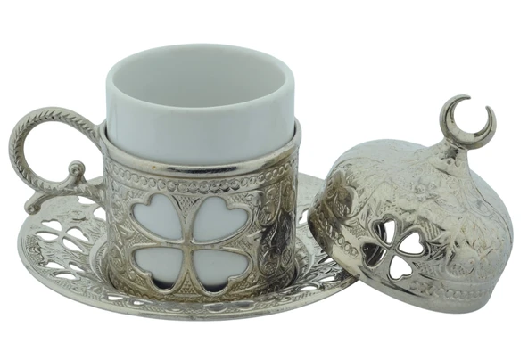 SENA Yonca Desenli 6 Kişilik Porselenli Kapaklı 24 Parça Gümüş Renk Fincan Seti - 7