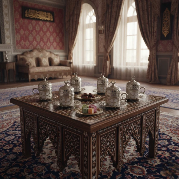 SENA Yonca Desenli 6 Kişilik Porselenli Kapaklı 24 Parça Gümüş Renk Fincan Seti