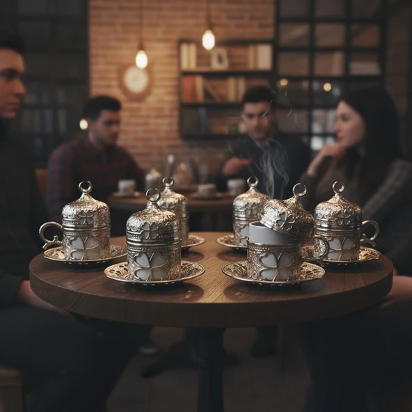 SENA Yonca Desenli 6 Kişilik Porselenli Kapaklı 24 Parça Gümüş Renk Fincan Seti - 3